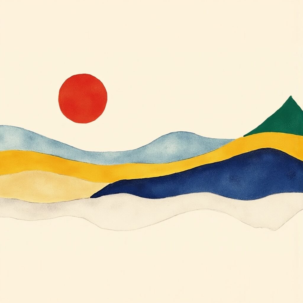 Sun Over Horizons by J.J. Leeto – free printable wall art and phone wallpaper download, abstract landscape with sun and colorful hills.