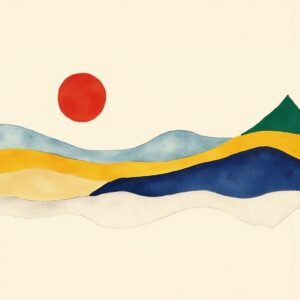 Sun Over Horizons by J.J. Leeto – free printable wall art and phone wallpaper download, abstract landscape with sun and colorful hills.