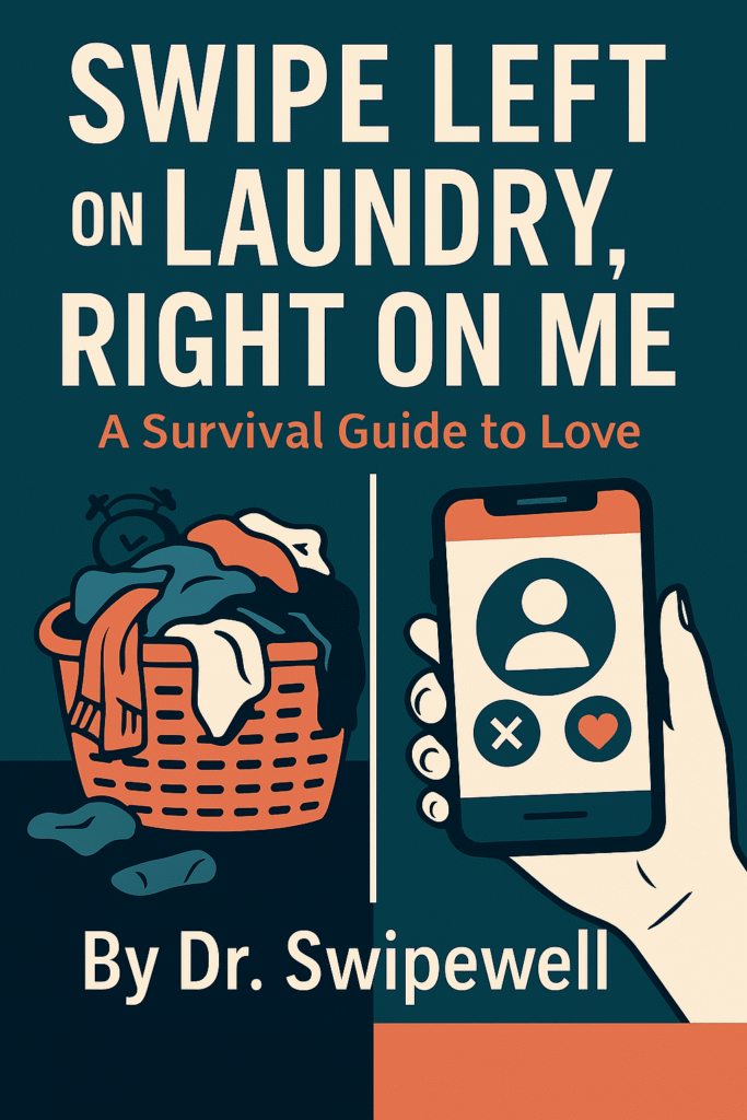 Book cover of Swipe Left on Laundry, Right on Me by Dr. Swipewell, a humorous relationship advice book showing laundry basket and dating app screen.