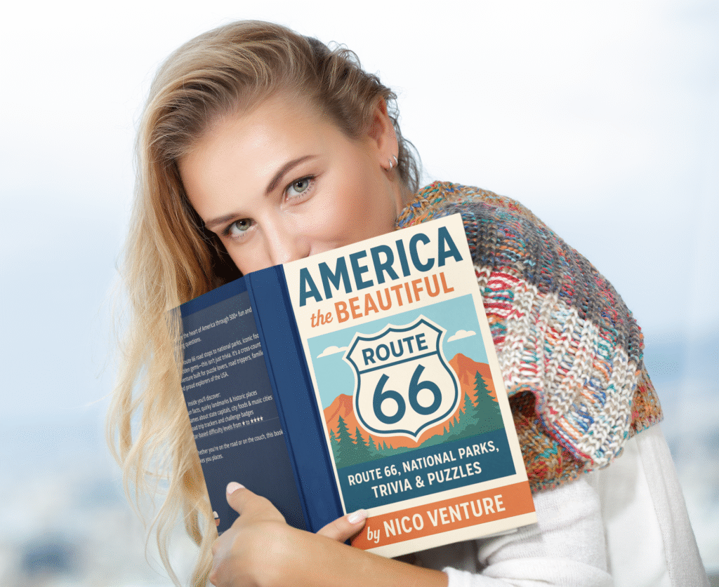 Cover of America the Beautiful: Ultimate USA Travel Trivia Book by Nico Venture, featuring Route 66 and USA landmarks.