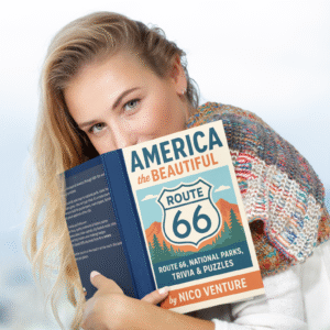 Cover of America the Beautiful: Ultimate USA Travel Trivia Book by Nico Venture, featuring Route 66 and USA landmarks.