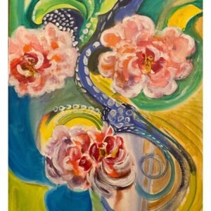 Abstract watercolor floral art with pink blossoms, blue curves, and green-golden background – modern botanical wall print.