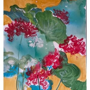 Abstract watercolor floral painting with red blossoms, green leaves, and golden yellow-blue background – modern botanical wall art.