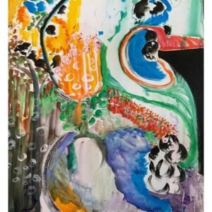 Colorful abstract watercolor painting with green, orange, yellow, purple, and black organic shapes – modern expressionist wall print