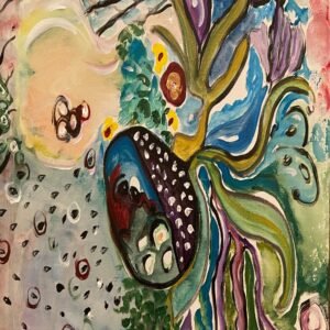 Colorful abstract botanical watercolor art print with greens, purples, and blues – modern wall decor.