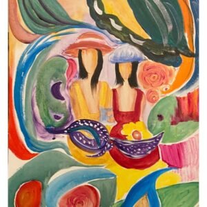 Abstract watercolor painting of two women in hats with bold colorful floral and organic shapes – modern boho wall art