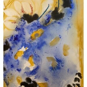 Abstract blue watercolor floral art print with golden ochre accents, modern minimalist wall decor.